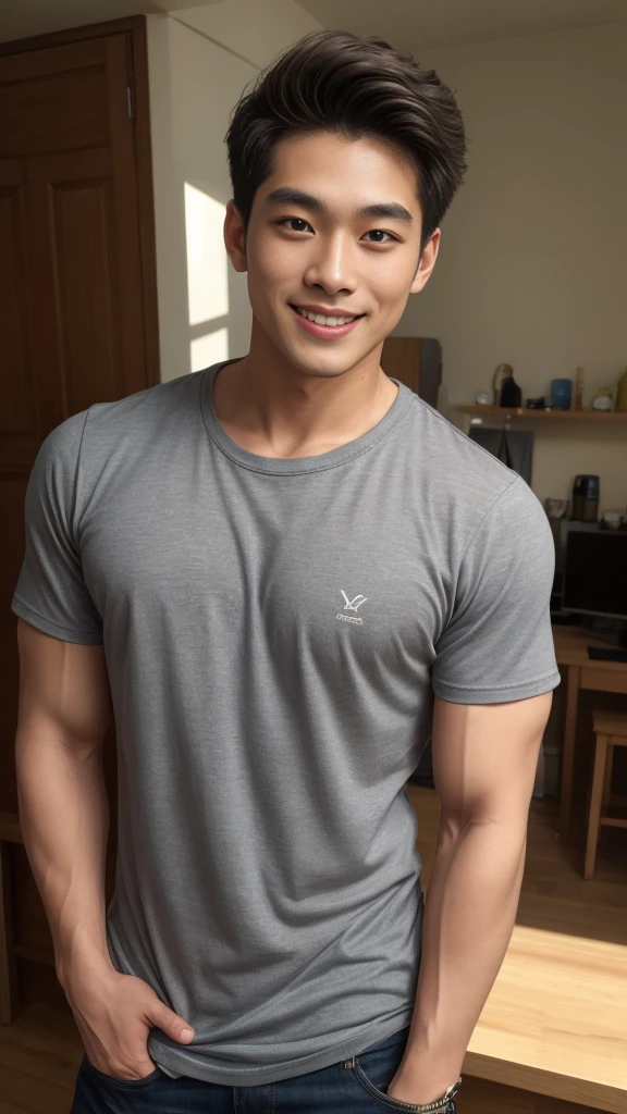 ((Highest quality, 8K, Masterpiece: 1.3))、Cool Korean guy, 1A man who has、 yo、Good appearance、Beautiful nose、smile、 Detailed eyes and face、beautiful light、(studio)、high resolution、(Look at the viewer.)、Fine mouth、smile、whole body: 1.5, perfect shape: 1.3, Picture of both shoulders:1.3, Gray round neck t-shirt:1.5