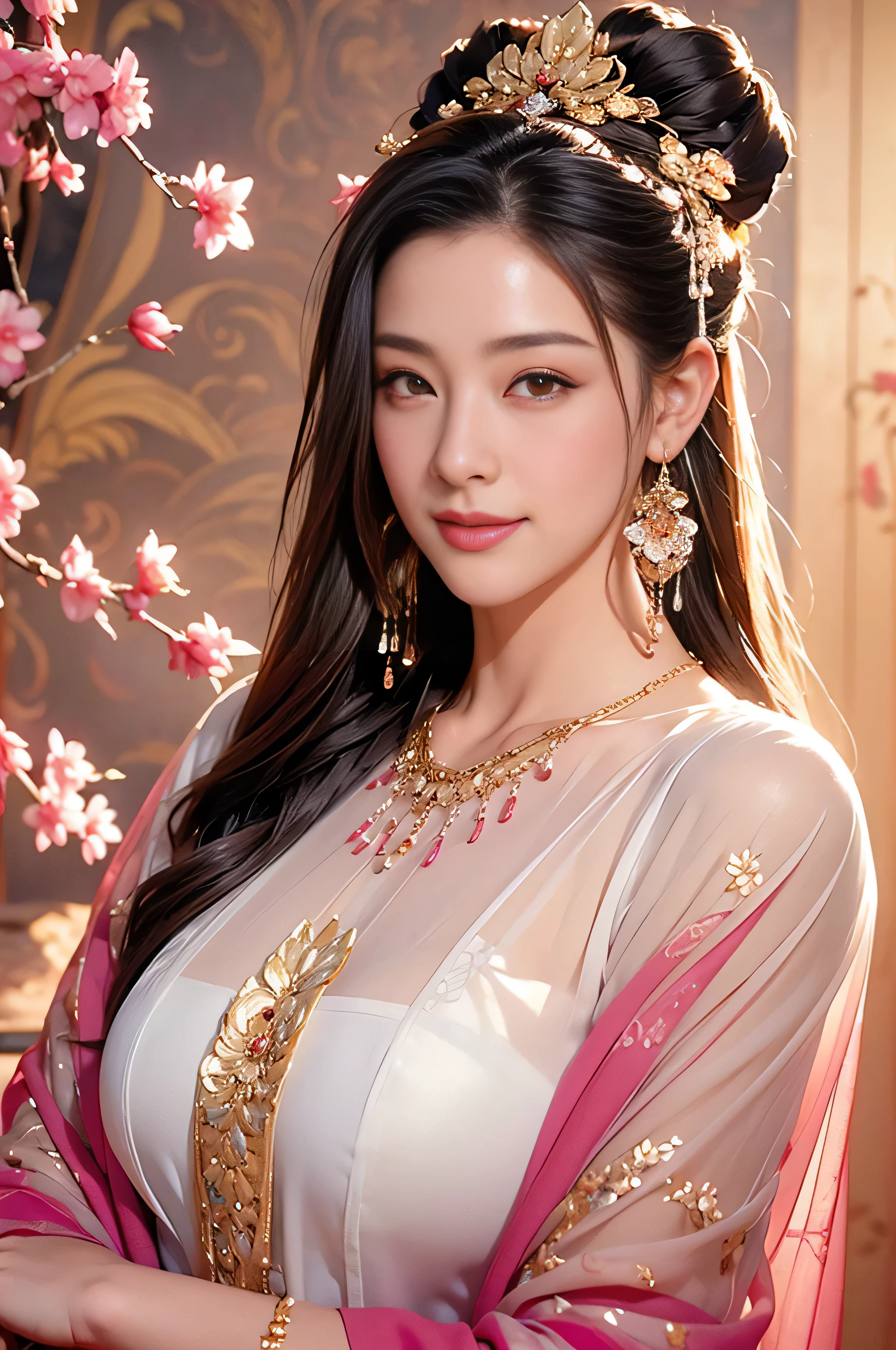 picture、Masterpiece、Highest quality、milf,high resolution、realistic details、Too realistic、high resolution、precise anatomy、one woman、((25 years old))、(with a round face)、(Beautiful face)、detailed face、unevenness of the skin、Big breasts、brown eyes、(long haired person、have dark hair、My hair is very straight., necklace earrings、smile、 Glowing skin、Adult figure、Plump body、Voluptuous breasts、perfect body、wide waist、bright colors、look at the audience、 Gilded Chinese Palace,depth of field,Bokeh,Falling light,(See-through fuchsia dress)、cherry blossoms blooming、Lots of cherry blossoms、 (See-through underwear)、See-through purple shirt、See-through black skirt、watercolor painting、traditional media、(Chromatic aberration、complicated details)、Dynamic Post、ancient chinese dress、Ancient Chinese style hairstyle、Eyes on the audience,Wearing white silk all over.、
