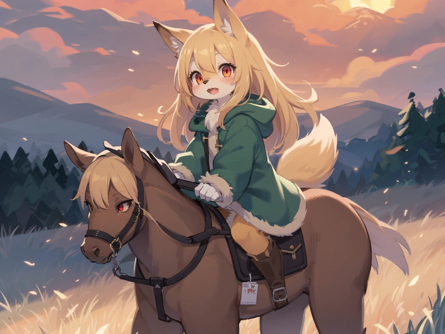 the fox, , was hairy, shaggy, skin fur, smooth lashes, golden fur, forelimb hands, straight long blonde hair, solid circle eyes, golden ears, golden fur, golden facial fur, shiny hair, red eyes, super cute face, 1fox tail, fluffy tail, furry tail, glowing eyes, green coat green hood down, brown trousers, riding unsaddled horse, open mouth, embarrassed, ambient light, ultra-fine fur, dashed eyes, full body, masterpiece, high quality, high-details, best quality, wide short, (((solo))), twilight, sun light, red sky, rim light
