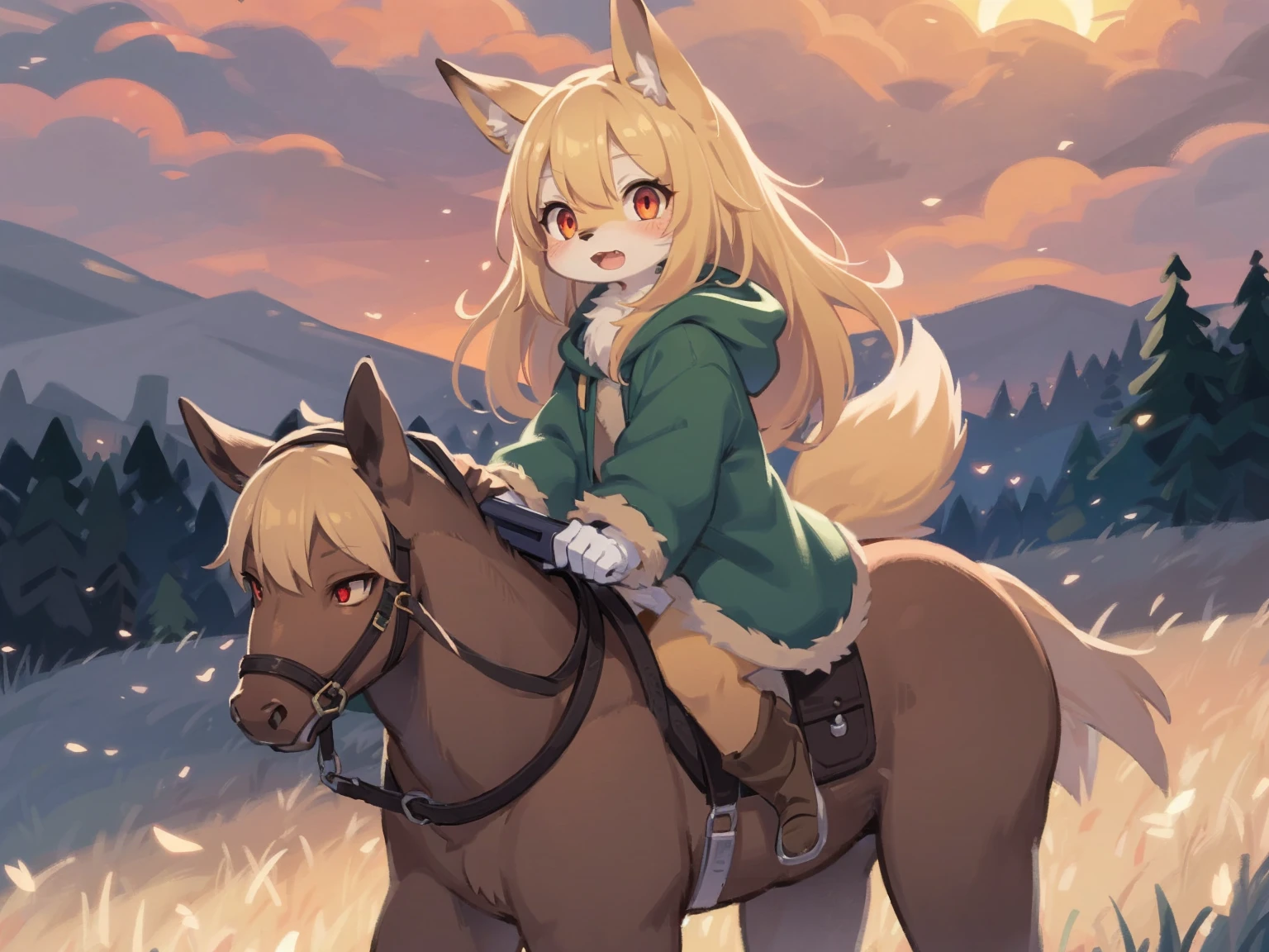 the fox, , was hairy, shaggy, skin fur, smooth lashes, golden fur, forelimb hands, straight long blonde hair, solid circle eyes, golden ears, golden fur, golden facial fur, shiny hair, red eyes, super cute face, 1fox tail, fluffy tail, furry tail, glowing eyes, green coat green hood down, brown trousers, riding unsaddled horse, open mouth, embarrassed, ambient light, ultra-fine fur, dashed eyes, full body, masterpiece, high quality, high-details, best quality, wide short, (((solo))), twilight, sun light, red sky, rim light