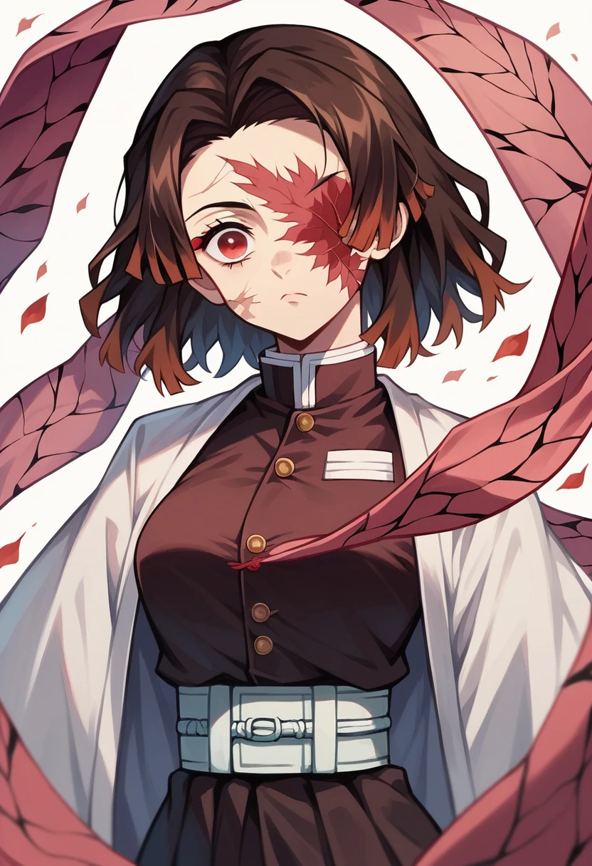 Captura de pantalla de Kimetsu No Yaiba, girl with short red, almost brown hair, right eye covered with hair, clothes the same as that of the animated character rengoku, Red eyes, with a scar on the right cheek