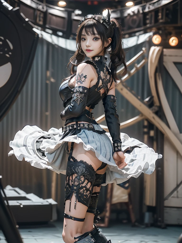 (Full body view:1.4)、(Side view:1.1)、(Smiling with teeth showing:1.3),(Shibuya Gal:1.5)、(Gothic ta style fashion:1.5)、(Punk RockVisual Kei:1.5)、(Wearing a rhythmic gymnastics bodysuit with intricate details:1.4)、(Racing suit and pants with intricate decorations in white, denim and charcoal:1.5)、(Denim and light blue and white boots:1.3)、((belt))、(Numerous delicate logo marks all over the costume:1.4)、(collar:1.3)、(Striped underwear:1.5)、20-year-old、NSFW、((Highest quality、In 8K、masterpiece:1.3))、Sharp focus:1.2、(Layered Cut、Huge boobs:1.1),Beautiful woman with perfect figure:1.4、(Dancing vigorously:1.3)、Slender Abs:1.2、Highly detailed face and skin texture、Detailed eyes、double eyelid,(Twin tails:1.3)、(Brown Hair:1.3)、Gravure idol、(The background is the stage of the fashion show:1.3)、(Slim body:1.3),(Make your legs thinner:1.4),(clavicle:1.1)、(Thin and slim thighs:1.3)
