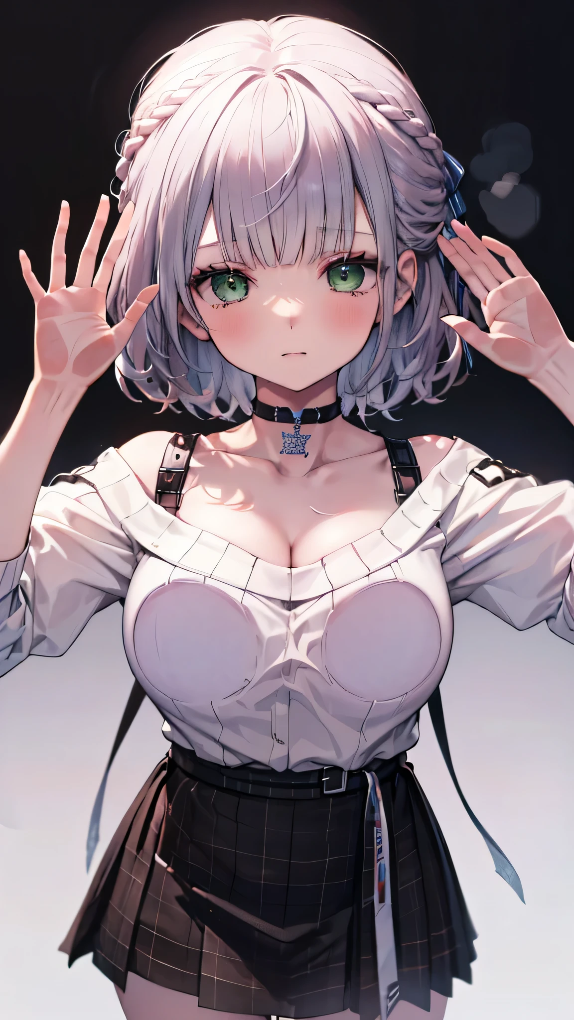 (Ultra-high resolution,masterpiece, Attention to detail, Highest quality), 8K,(ccnoel, short hair, french braid, hair ribbon, green eyes, black choker, collarbone, cleavage, off-shoulder sweater, white sweater, plaid skirt),(Blessed,Captivating body、Ultra-detailed skin、Super beautiful eyes、Detailed Background),One girl, (breasts_on_Glass,breast press, against Glass, hands on Glass:1.2),window fog, embarrassed, (white background:1.7), (from front:1.3),Perfect five-finger