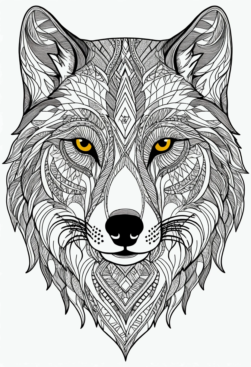 wolf face with bold lines and intricate patterns inside of it to fill in with colors. Thick line, no color, no shading