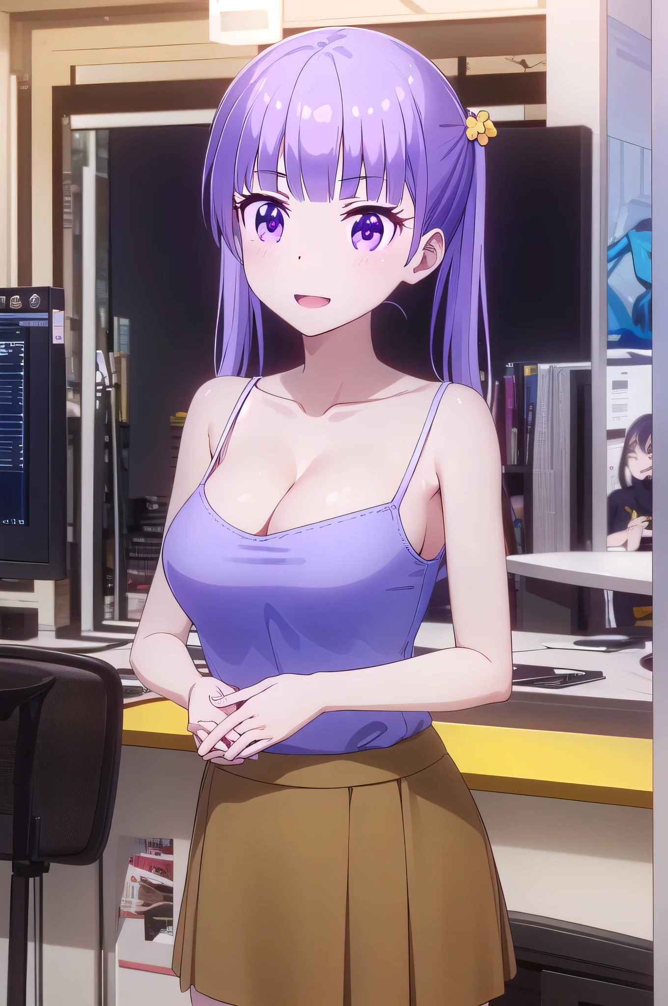 Qingye cool breeze、1 female、solo、Eyebrow、hair ornaments、Long Hair、(Purple Eyes:1.1)、Purple Hair、Twin tail hair、Big Breasts、cleavage、A woman with very large breasts、smile、Yellow camisole、blue skirt、Suit skirt、indoors、office、lookingatviewer、Cowboy Shot、Female focus、camisole with an blue、skirt with an blue、Are standing、camisole and skirt only、(masterpiece:1.2)、Highest quality、High resolution、unity 8k wallpaper、(figure:0.8)、(Beautiful attention to detail:1.6)、Highly detailed face、Perfect lighting、Highly detailed CG、(Perfect hands, Perfect Anatomy)、