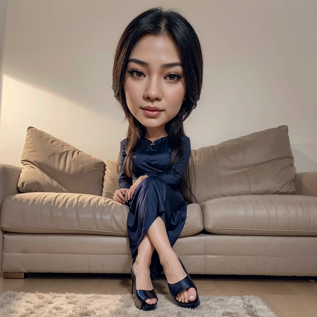 Caricature of a Thai woman with long hair, Wear a navy blue dress., high-heels, Sitting on a luxury sofa, gray background, Ultra HD, 8K, realistic