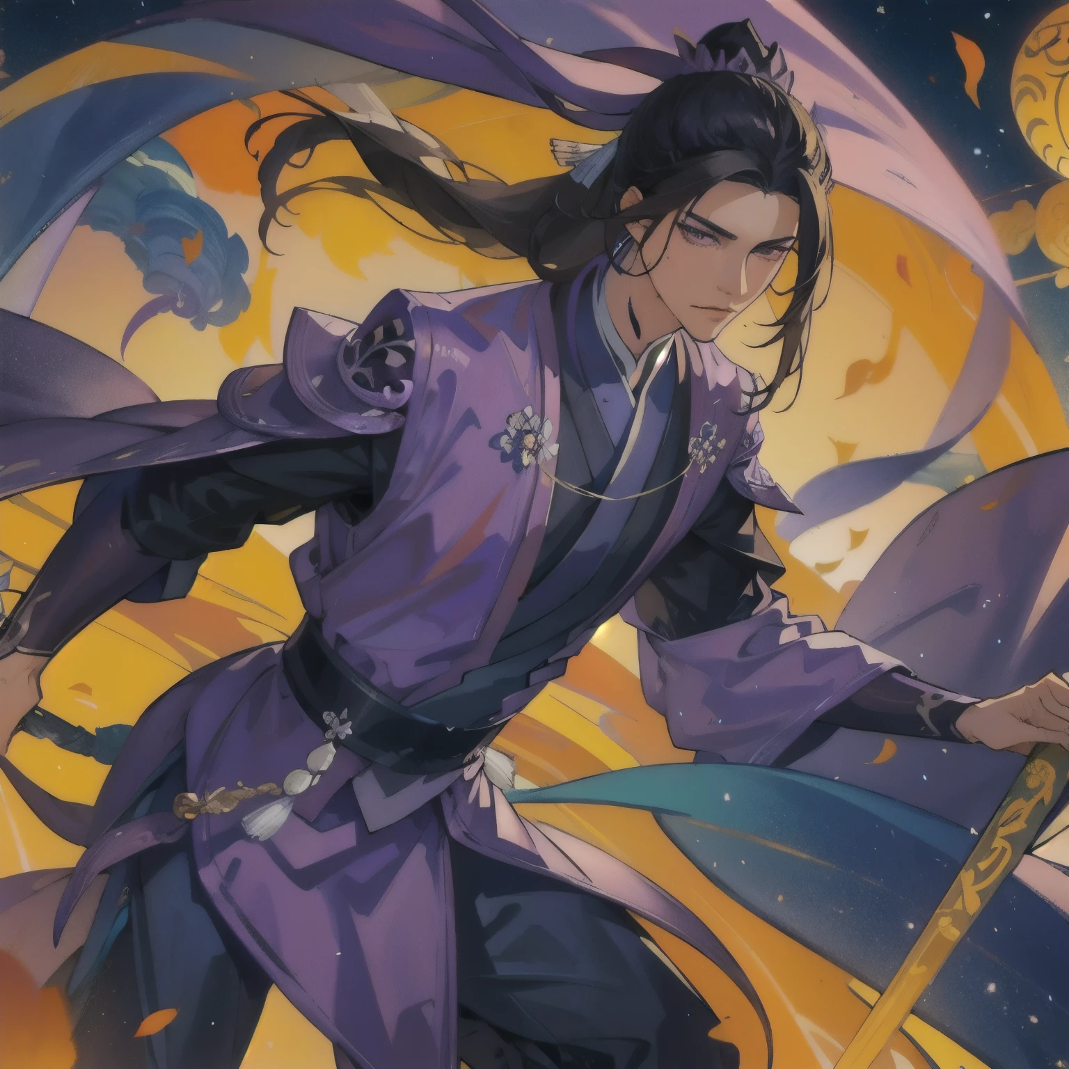 (masterpiece, best quality:1.2), 1male, solo, jiang cheng, mo dao zu shi, mdzs, purple and black clothes, purple eyes, long black hair, perfect anatomy