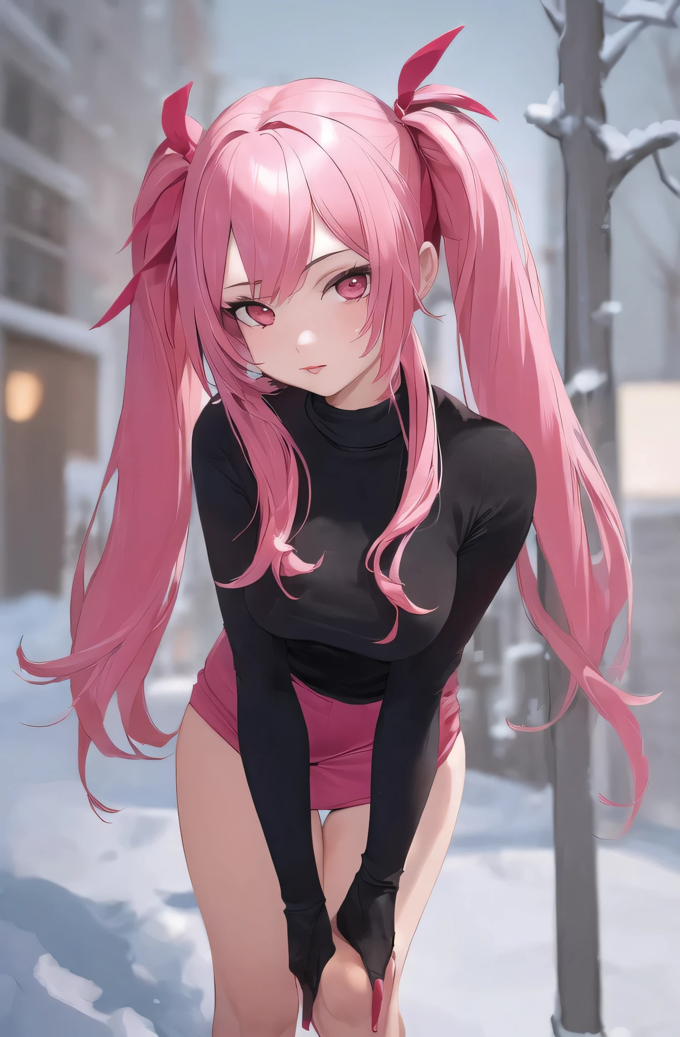 ((Masterpiece)), (Best Quality), (detailed), 1 girl,
looking at the viewer, (lipstick:0.75), Leaning forward,
long pink hair, two tails,
colorful thighs,
winter, vivid colors,