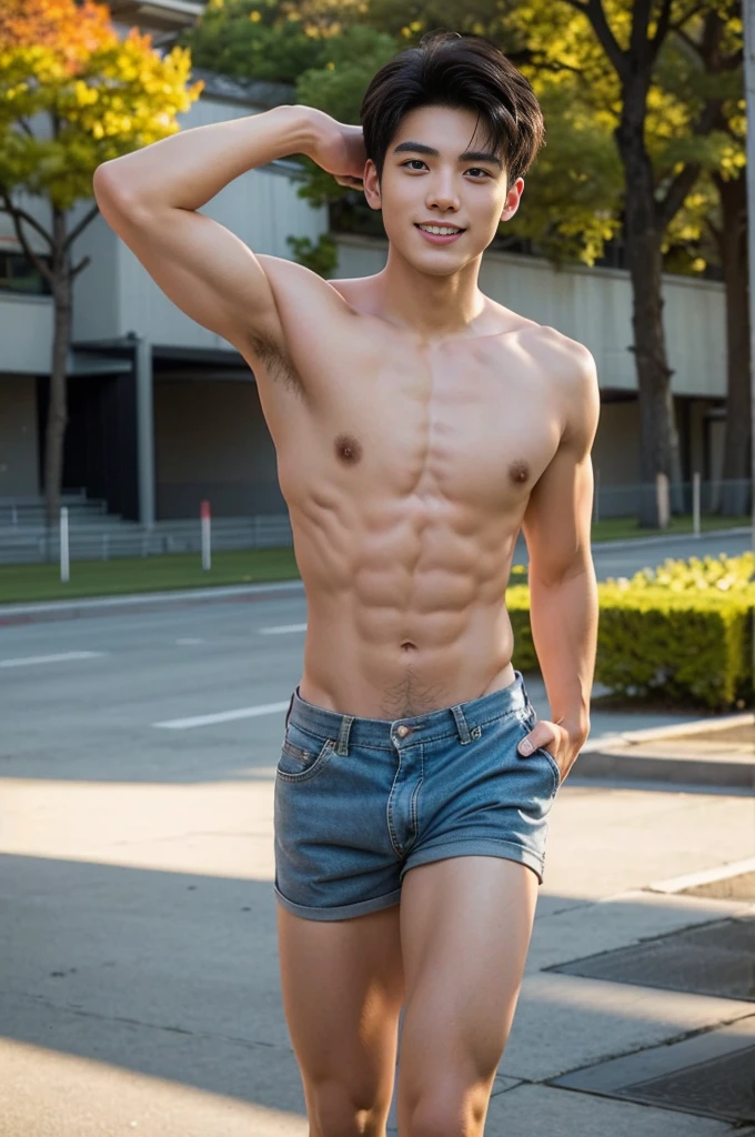 (Masterpiece,best quality:1.2),model, alone, 1 person,20 year old male,young people,handsome,Asian Models,black hair,short hair,smile,Sexy breasts,6 pack abs,sexy figure,Early morning,A boy is running on the stadium tracks.,The wind is blowing,autumn leaves,whole body view,