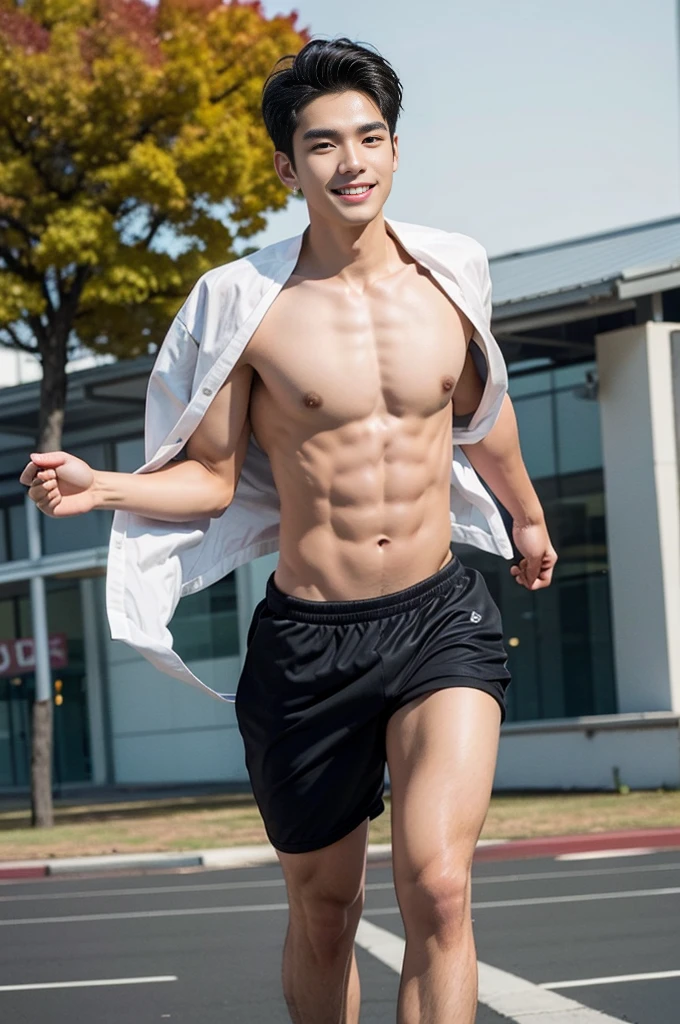 (Masterpiece,best quality:1.2),model, alone, 1 person,20 year old male,young people,handsome,Asian Models,black hair,short hair,smile,Sexy breasts,6 pack abs,sexy figure,Early morning,A boy is running on the stadium tracks.,The wind is blowing,autumn leaves,whole body view,