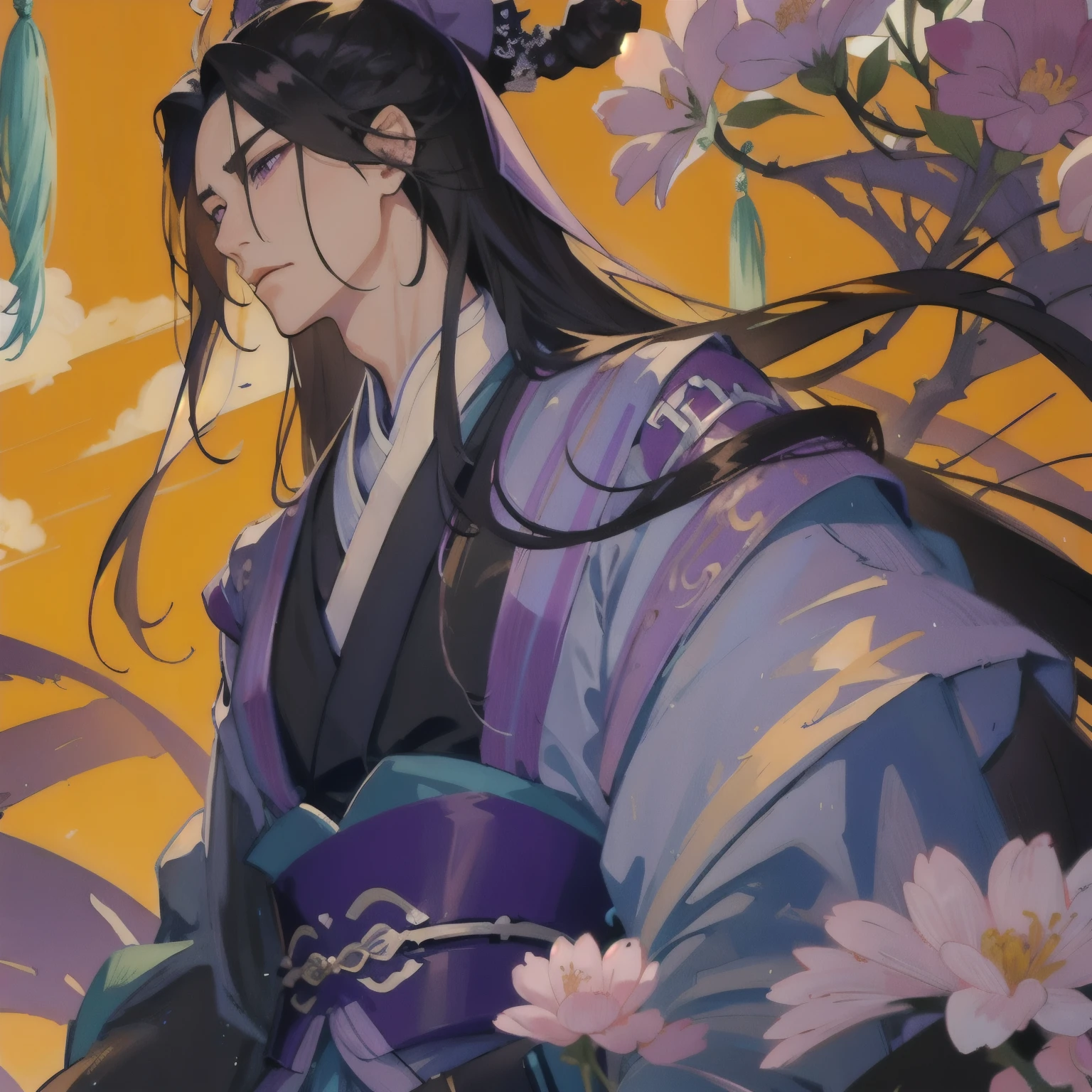 (masterpiece, best quality:1.2), 1male, solo, jiang cheng, mo dao zu shi, mdzs, purple and black clothes, purple eyes, long black hair, perfect anatomy