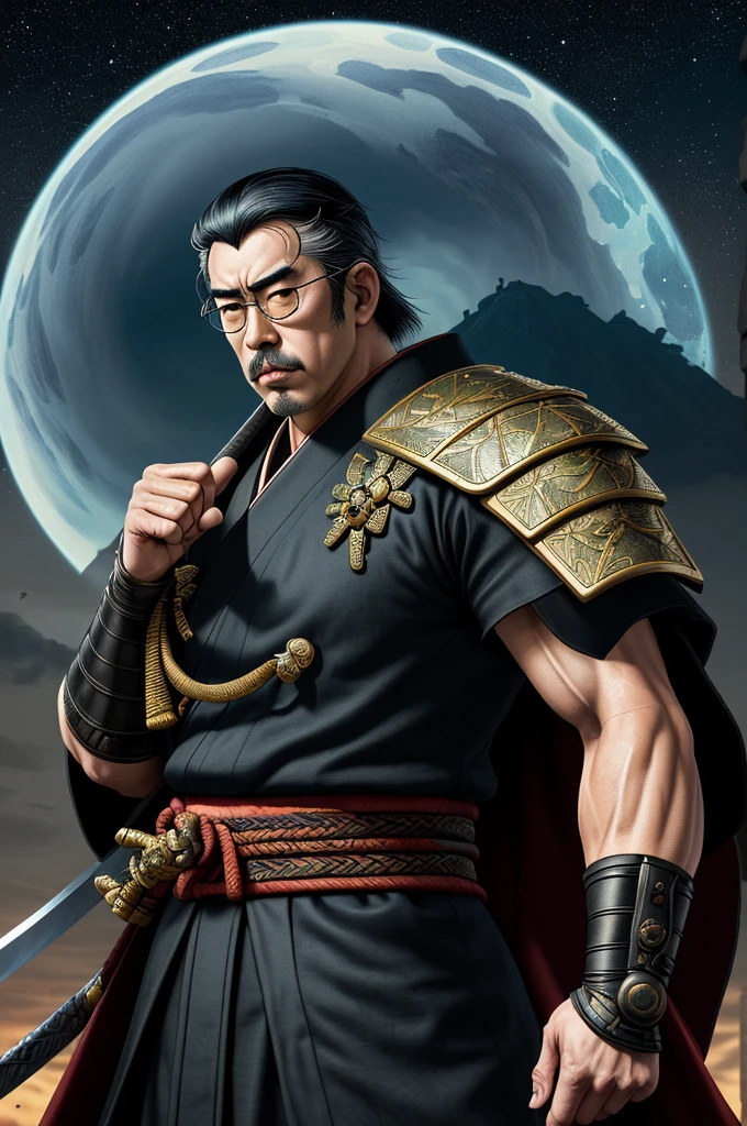 Highest quality，High resolution， ((Emperor Hirohito)) ，Japanese emperor，Kenshiro，Fist of the North Star，samurai，One person，warrior，（black_coat），retro round glasses，Round Glasses，kimono，male，One personで，Middle Age，Swordsman，strongest，Anime Style，（Night Sky_background），(Limbs)，(Full Finger)，(Accurate fingertips), (The finer details), (Super detailed)，(Japanese sword:)，4K，(high resolution)，whole body, (Front angle), Looking at the camera,masterpiece，(Subtle details)，(Intricate details)，Octane Rendering，(Hyper Detail)，