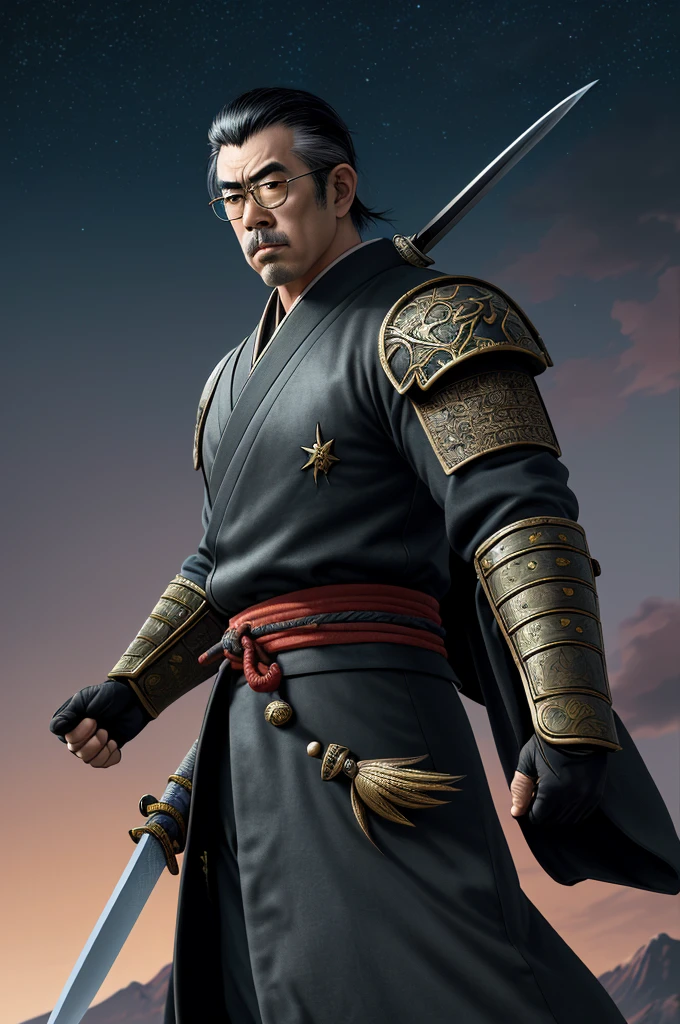 Highest quality,High resolution, ((Emperor Hirohito)) ,Japanese emperor,Kenshiro,Fist of the North Star,samurai,One person,warrior,(black_coat),retro round glasses,Round Glasses,kimono,male,One personで,Middle Age,Swordsman,strongest,Anime Style,(Night Sky_background),(Limbs),(Full Finger),(Accurate fingertips), (The finer details), (Super detailed),(Japanese sword:),4K,(high resolution),whole body, (Front angle), Looking at the camera,masterpiece,(Subtle details),(Intricate details),Octane Rendering,(Hyper Detail),