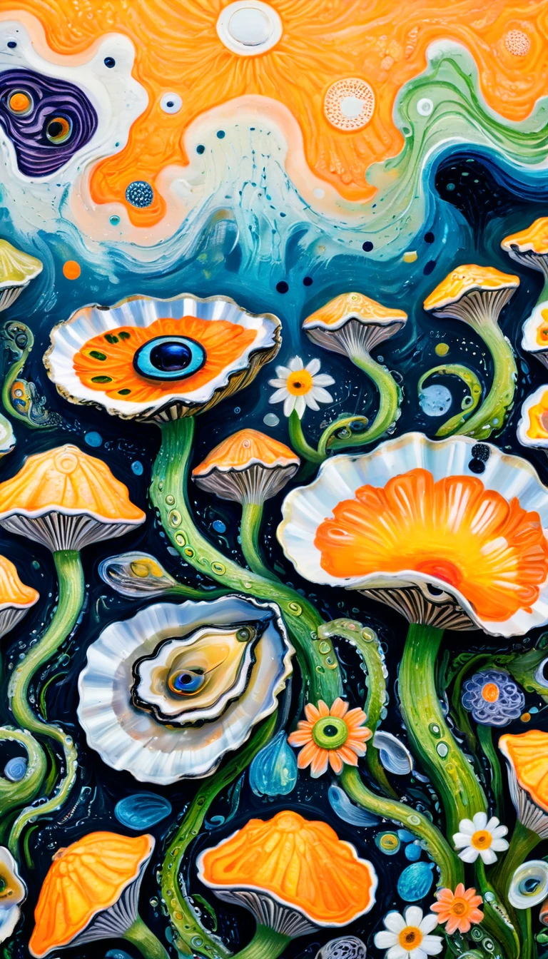 Children's graffiti,Thick coating，Concave and convex texture，Oil pastel strokes：Oysters、flowesh、Tentacles、bird、Eye、diatom，Abstract mosaic painting，Describing the inner world of autistic people，Sense of space，White Space，interesting，Innocence，Psychedelic Art，Orange overall
