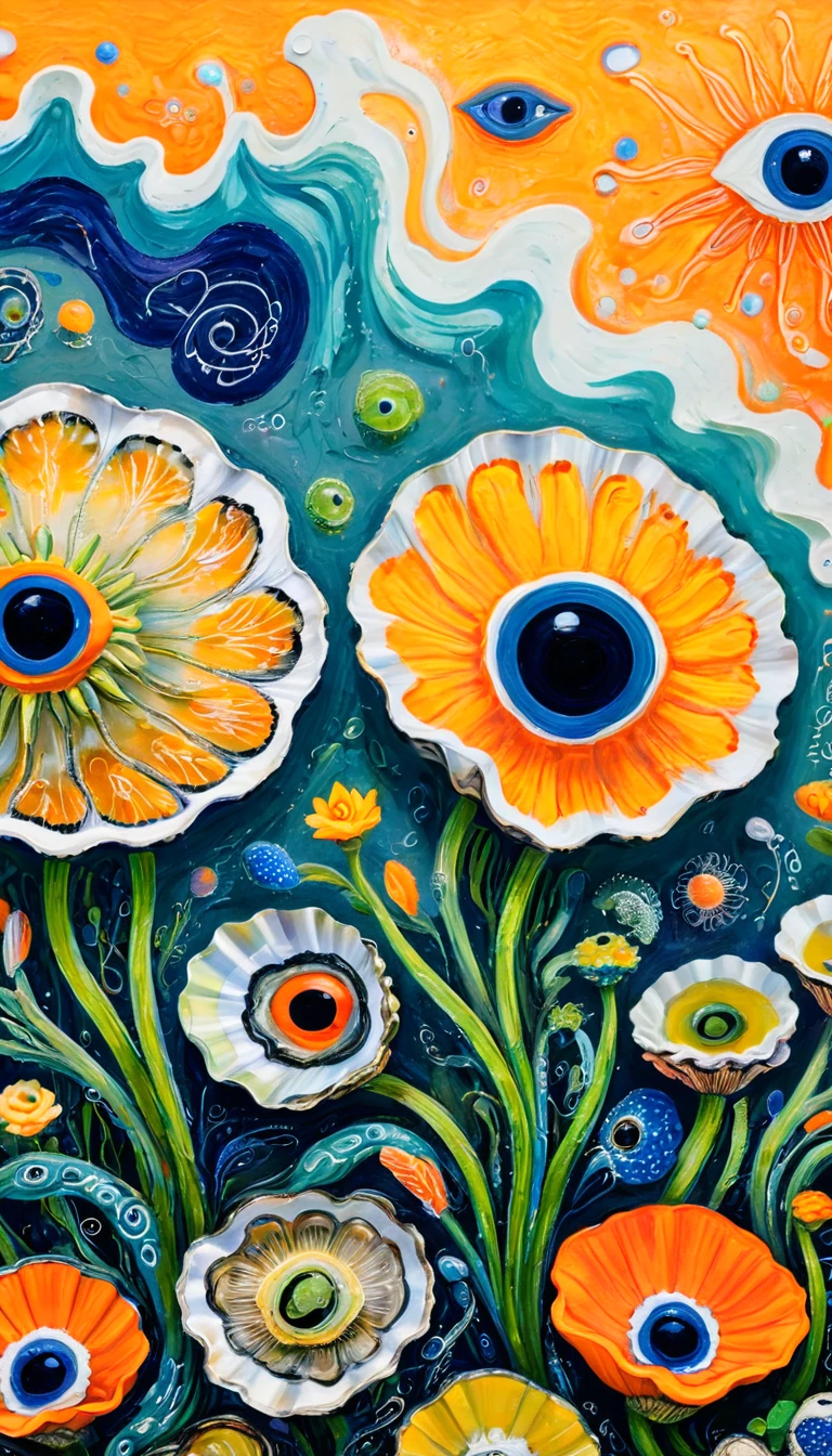 Children's graffiti,Thick coating，Concave and convex texture，Oil pastel strokes：Oysters、flowesh、Tentacles、bird、Eye、diatom，Abstract mosaic painting，Describing the inner world of autistic people，Sense of space，White Space，interesting，Innocence，Psychedelic Art，Orange overall
