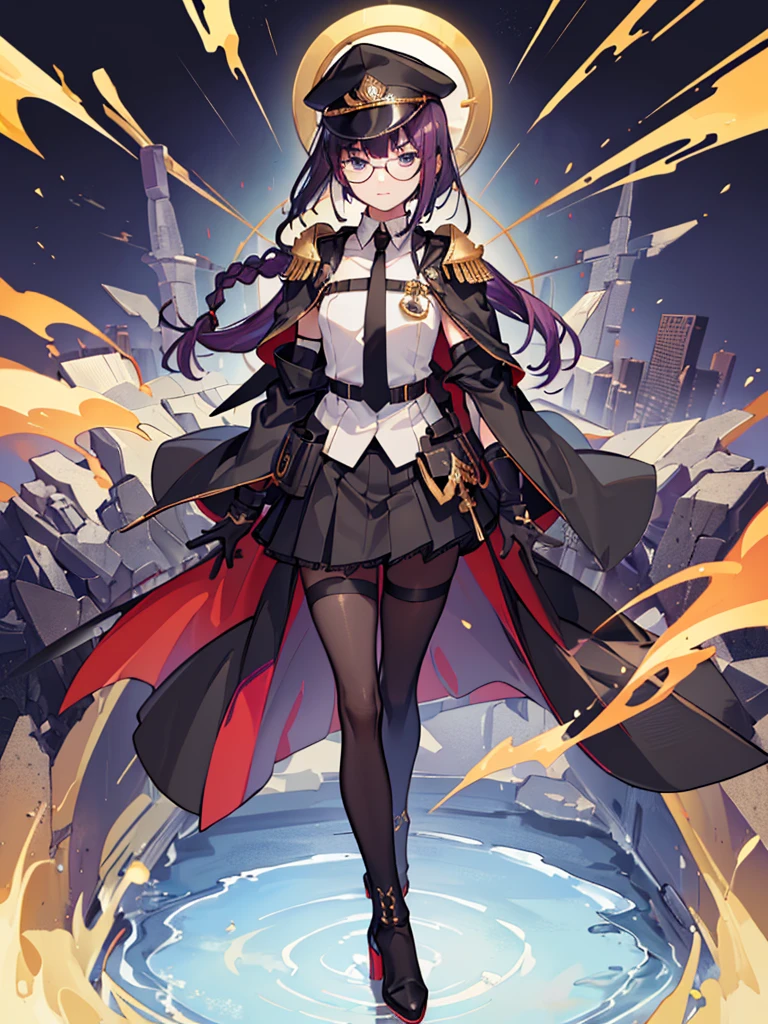 realisitic, City Deserted, Pile of rubble, Brick building, a one woman (18 years old, far away blackw hair, far away slits, Eyes red, glare eyes, 精致的面容, standing (In floor, feet shoulder-width apart), Lolita style military uniform (blackw base, Red Insert, golden decoration, volantes, wide sleeves, dainty and delicate detailing armors), blackw far away gloves (blackw, Red Insert, golden decoration, small hands, armors), blackw far away gloves, knee high boots (blackw, high-heels, red soles), ha (blackw, aba dourada, shield emblem, delicate details), arms in front, Front of belly, Holding military swords with both hands (blackw, golden decoration, delicate detail, Handle at the top, Ground-facing blade, in front of the body, far away), night sky (blackw, stele, Increased flames and smoke), Pale painting style, One Girl, super high quality, Super Detail, Super Detailed image, long hair, looking at viewer, skirt, shirt, hair ornament, violet eyes, gloves, round glasses, long sleeves, hat, closed mouth, jacket, violet hair, braid, open clothes, necktie, black gloves, black skirt, uniform, single braid, open jacket, black jacket, black headwear, 手链, peaked cap, black necktie, cropped jacket, military hat, pantyhose, Flat Chest, smile, Black Cape