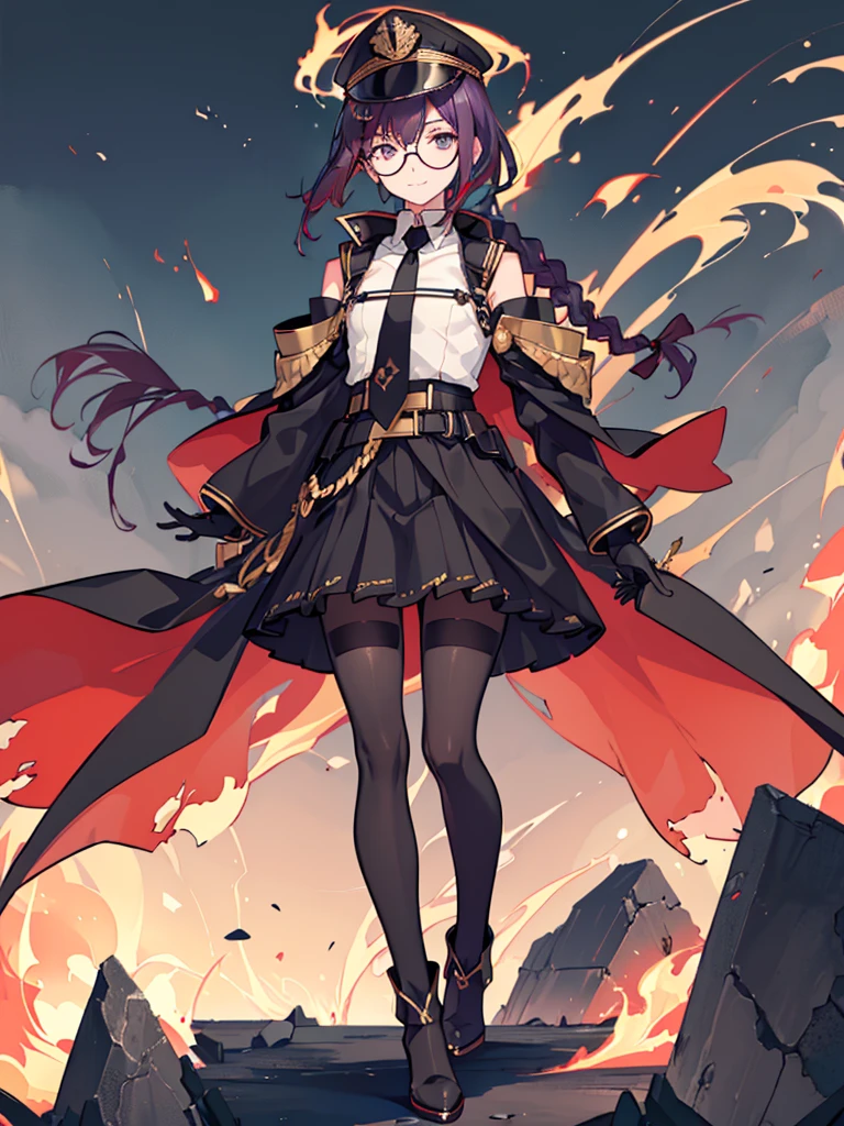 realisitic, City Deserted, Pile of rubble, Brick building, a one woman (18 years old, far away blackw hair, far away slits, Eyes red, glare eyes, 精致的面容, standing (In floor, feet shoulder-width apart), Lolita style military uniform (blackw base, Red Insert, golden decoration, volantes, wide sleeves, dainty and delicate detailing armors), blackw far away gloves (blackw, Red Insert, golden decoration, small hands, armors), blackw far away gloves, knee high boots (blackw, high-heels, red soles), ha (blackw, aba dourada, shield emblem, delicate details), arms in front, Front of belly, Holding military swords with both hands (blackw, golden decoration, delicate detail, Handle at the top, Ground-facing blade, in front of the body, far away), night sky (blackw, stele, Increased flames and smoke), Pale painting style, One Girl, super high quality, Super Detail, Super Detailed image, long hair, looking at viewer, skirt, shirt, hair ornament, violet eyes, gloves, round glasses, long sleeves, hat, closed mouth, jacket, violet hair, braid, open clothes, necktie, black gloves, black skirt, uniform, single braid, open jacket, black jacket, black headwear, 手链, peaked cap, black necktie, cropped jacket, military hat, pantyhose, Flat Chest, smile, Black Cape