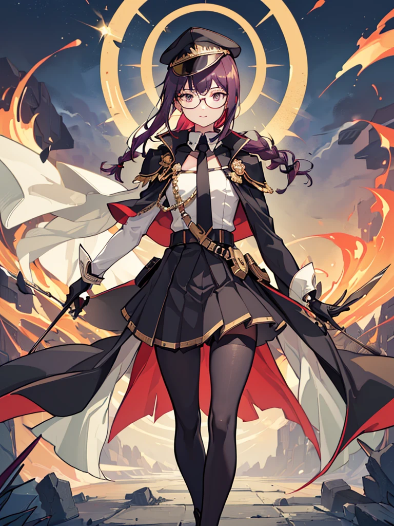 realisitic, City Deserted, Pile of rubble, Brick building, a one woman (18 years old, far away blackw hair, far away slits, Eyes red, glare eyes, 精致的面容, standing (In floor, feet shoulder-width apart), Lolita style military uniform (blackw base, Red Insert, golden decoration, volantes, wide sleeves, dainty and delicate detailing armors), blackw far away gloves (blackw, Red Insert, golden decoration, small hands, armors), blackw far away gloves, knee high boots (blackw, high-heels, red soles), ha (blackw, aba dourada, shield emblem, delicate details), arms in front, Front of belly, Holding military swords with both hands (blackw, golden decoration, delicate detail, Handle at the top, Ground-facing blade, in front of the body, far away), night sky (blackw, stele, Increased flames and smoke), Pale painting style, One Girl, super high quality, Super Detail, Super Detailed image, long hair, looking at viewer, skirt, shirt, hair ornament, violet eyes, gloves, round glasses, long sleeves, hat, closed mouth, jacket, violet hair, braid, open clothes, necktie, black gloves, black skirt, uniform, single braid, open jacket, black jacket, black headwear, 手链, peaked cap, black necktie, cropped jacket, military hat, pantyhose, Flat Chest, smile, Black Cape