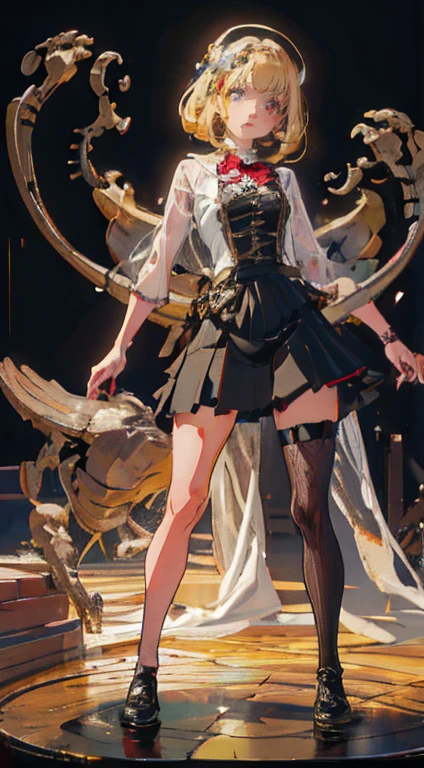 (White background:1.2) anime girls anime, red eyes, white hair, Wheelchair, flower in hair, HD phone wallpaper. 1solo, full body, with hands on hips, feet together, viewed from below. Features a leather choker, big belt, bracers and a tiara.
