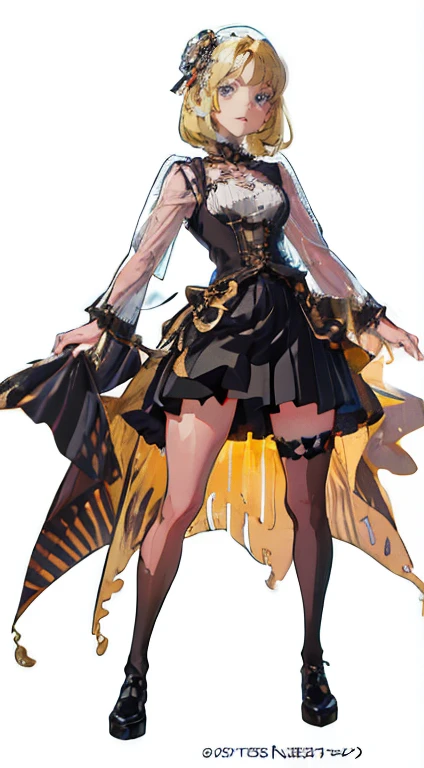 Girls wear skirts，it's a perfect face，seminu,Willow waist,(real, realistically), (depth of fields),striped hair,thick thight,view the viewer , insanely details, Complicated Details, skeleton costume,(Lop), Lower chest skeleton costume,Shiny holographic skeleton costume:1.1 , Big breasts sag,hair blonde,Redlip ,see-through skirt，(((8K，winning art，dynamic poses)))，