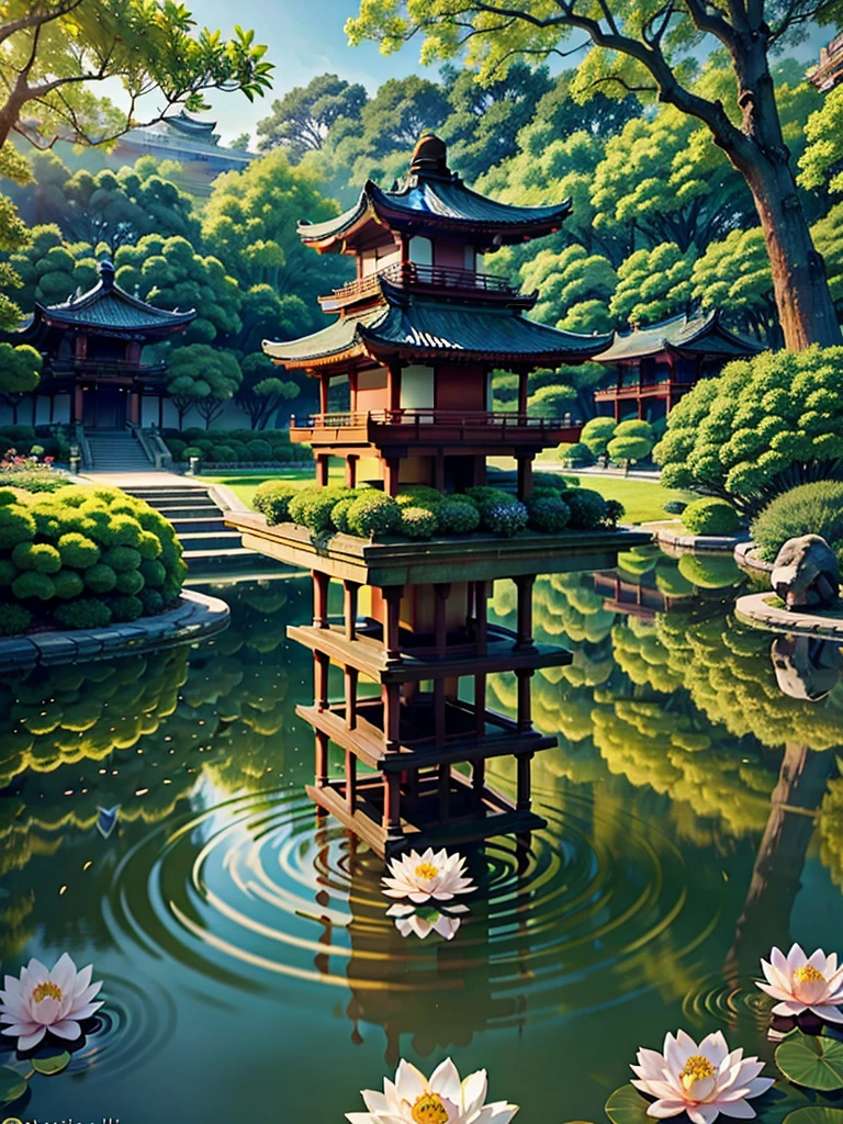 Japanese architecture, At the heart of Emerald Gardens lies the Imperial Palace, a beacon of serenity and wisdom. Surrounded by lush gardens and serene ponds, the palace is a sanctuary of peace, where the air is filled with the scent of blooming lotuses and the gentle hum of nature.
