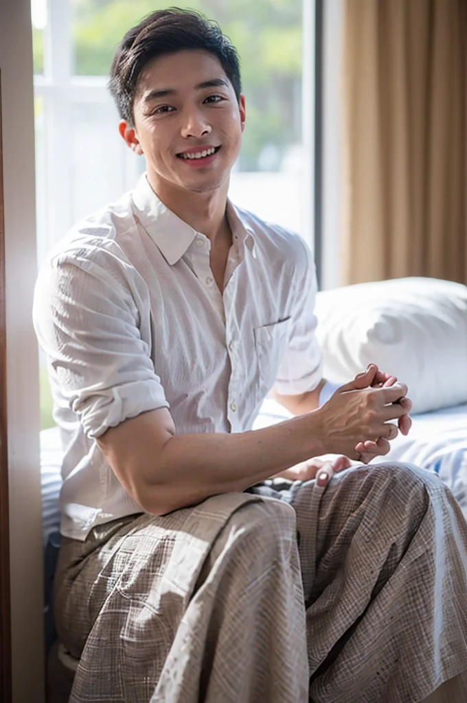 ((Highest quality, 8K, Masterpiece: 1.3))、Thailand Laos Burma Asia, Thai man, A handsome Asian rugby player with short hair, a muscular beard, and big muscles., 1A man who has、 yo、Good appearance、Beautiful nose、smile、 Detailed eyes and face、beautiful light、(studio)、high resolution、(Look at the viewer.)、Fine mouth、smile、whole body: 1.5, perfect shape: 1.3, looking at camera ,Gray button-down shirt , bedroom sunlight looking at the sea