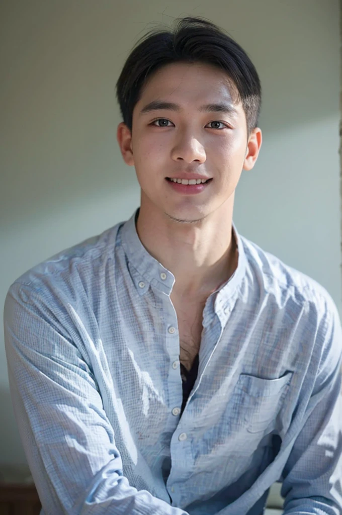 ((Highest quality, 8K, Masterpiece: 1.3))、Thailand Laos Burma Asia, Thai man, A handsome Asian rugby player with short hair, a muscular beard, and big muscles., 1A man who has、 yo、Good appearance、Beautiful nose、smile、 Detailed eyes and face、beautiful light、(studio)、high resolution、(Look at the viewer.)、Fine mouth、smile、whole body: 1.5, perfect shape: 1.3, looking at camera ,Gray button-down shirt , bedroom sunlight looking at the sea