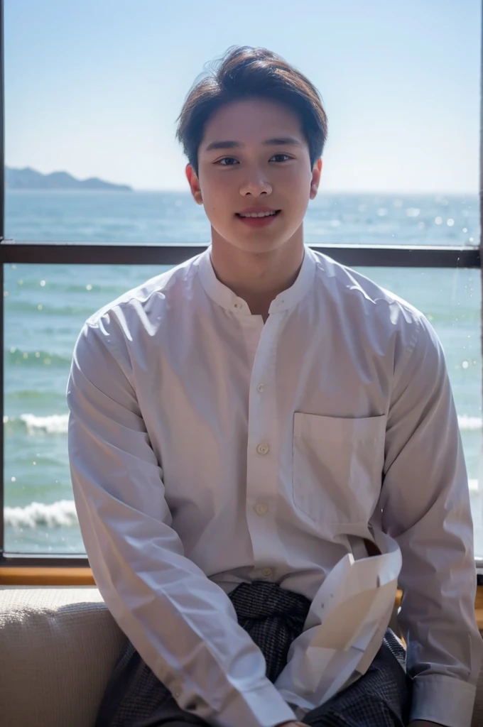 ((Highest quality, 8K, Masterpiece: 1.3))、Thailand Laos Burma Asia, Thai man, A handsome Asian rugby player with short hair, a muscular beard, and big muscles., １A man who has、 yo、Good appearance、Beautiful nose、smile、 Detailed eyes and face、beautiful light、(studio)、high resolution、（Look at the viewer.）、Fine mouth、smile、whole body: 1.5, perfect shape: 1.3, looking at camera ,Gray button-down shirt , bedroom sunlight looking at the sea