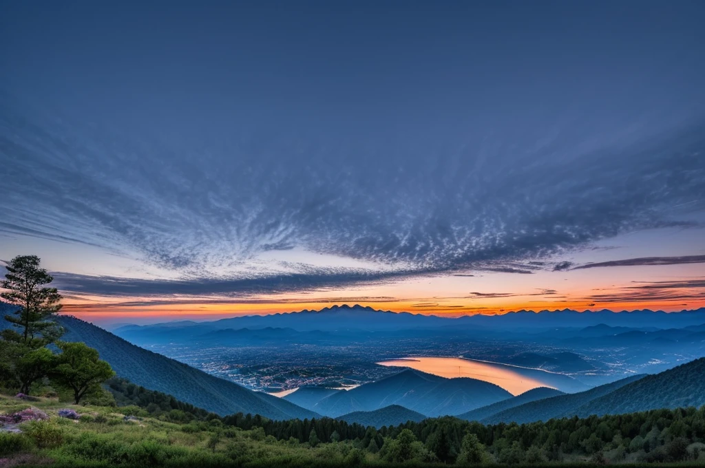 (((Masterpiece))), (high quality), In the mountains at dusk。Black clouds cover the sky。There are large trees all around、I look up at it with a tilted gaze.。