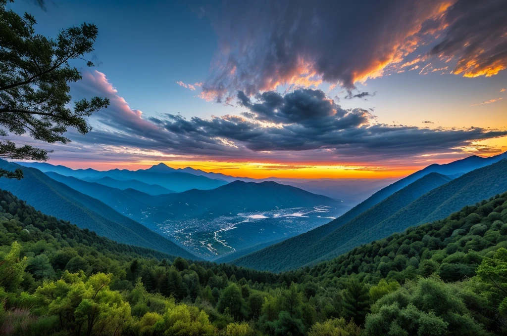 (((Masterpiece))), (high quality), In the mountains at dusk。Black clouds cover the sky。There are large trees all around、I look up at it with a tilted gaze.。
