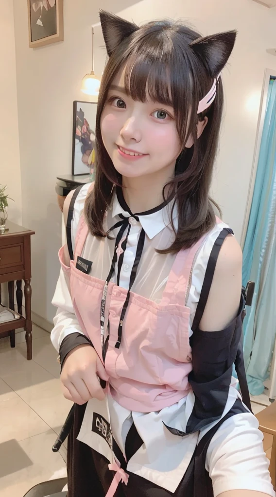1 female、Highest quality、Ultra-high resolution、(Realistic:1.4)、blush、cute、(Detailed face)、Laughter、Taking a selfie in front of the mirror、Inside the room、Maid cosplay、Cat Ear Cosplay、chest、大きなchest、whole body、Selfie feeling、Married women