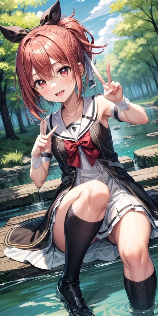 (masterpiece), Highest quality, (((Super detailed, 8K quality))), Expressive eyes, Perfect Face, Perfect Anatomy, Perfect body, scene, One girl, alone, ribbon, Hair between the eyes,Redhead,Red eyes,Side Ponytail,Black knee socks,dress, bow, ribbon,, hair ribbon, nature, river, forest,bloom, Tilt your head, Dutch Angle, (((peace sign)))