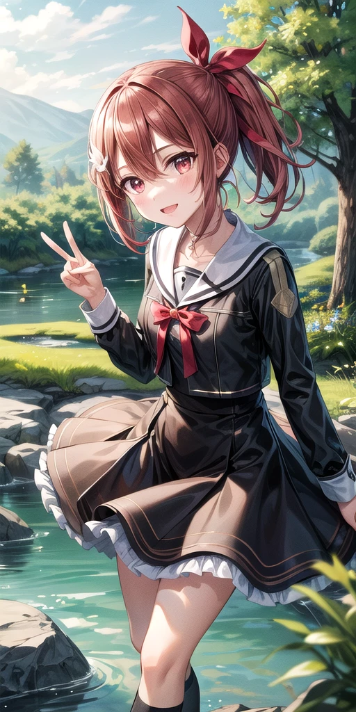 (masterpiece), Highest quality, (((Super detailed, 8K quality))), Expressive eyes, Perfect Face, Perfect Anatomy, Perfect body, scene, One girl, alone, ribbon, Hair between the eyes,Redhead,Red eyes,Side Ponytail,Black knee socks,dress, bow, ribbon,, hair ribbon, nature, river, forest,bloom, Tilt your head, Dutch Angle, (((peace sign)))