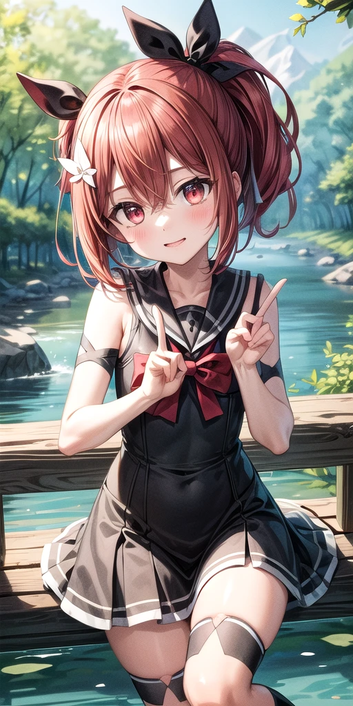 (masterpiece), Highest quality, (((Super detailed, 8K quality))), Expressive eyes, Perfect Face, Perfect Anatomy, Perfect body, scene, One girl, alone, ribbon, Hair between the eyes,Redhead,Red eyes,Side Ponytail,Black knee socks,dress, bow, ribbon,, hair ribbon, nature, river, forest,bloom, Tilt your head, Dutch Angle, (((peace sign)))