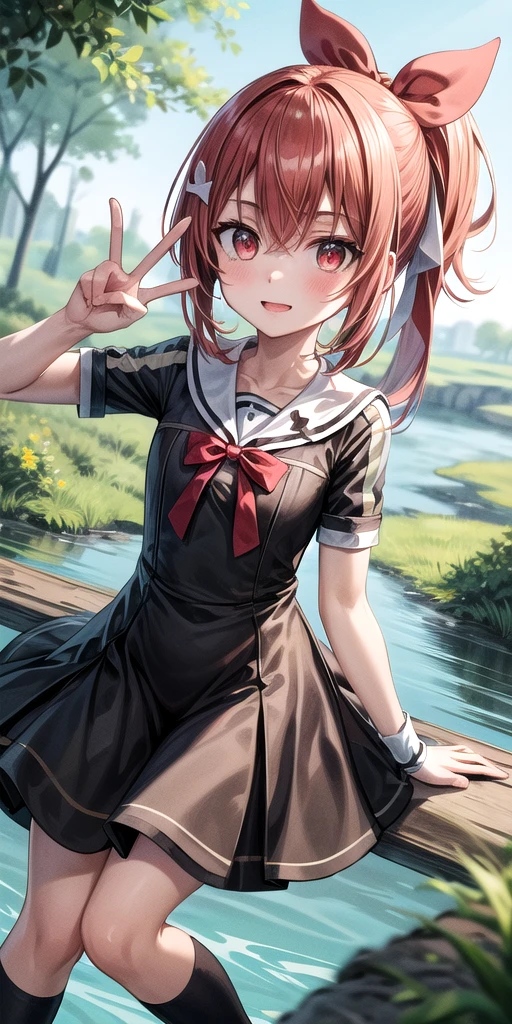 (masterpiece), Highest quality, (((Super detailed, 8K quality))), Expressive eyes, Perfect Face, Perfect Anatomy, Perfect body, scene, One girl, alone, ribbon, Hair between the eyes,Redhead,Red eyes,Side Ponytail,Black knee socks,dress, bow, ribbon,, hair ribbon, nature, river, forest,bloom, Tilt your head, Dutch Angle, (((peace sign)))