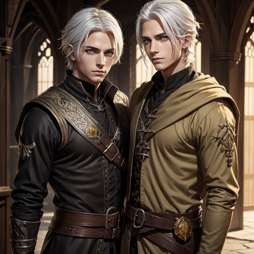 Male, handsome, young, medium platinum hair, d&d, medieval, yellow eyes 