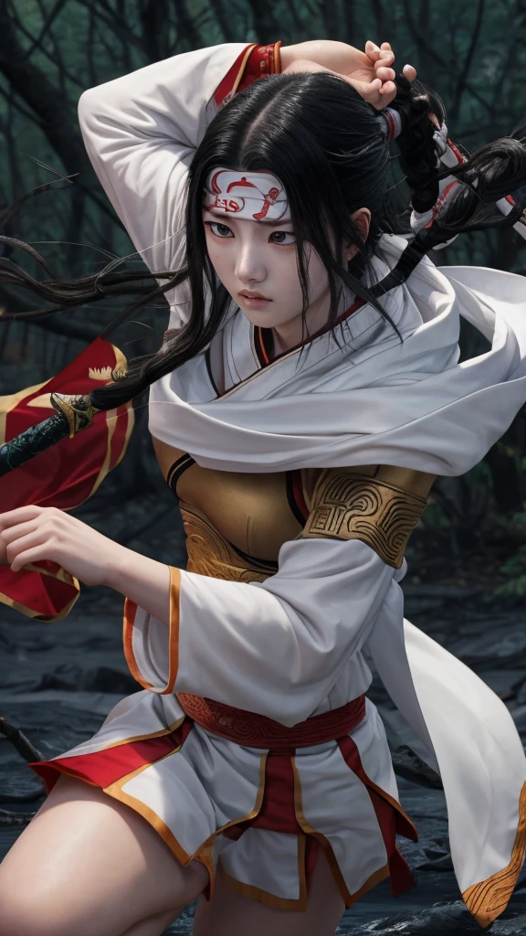 "Create a highly realistic image of a female warrior resembling Kyoukai from the manga series Kingdom. She should have a slender yet athletic build, wearing traditional Chinese armor with intricate details. Her expression is calm and focused, with a mysterious aura. She has long, flowing black hair and is holding a sword in a defensive stance. The background should depict a forest or battlefield with a dramatic sky."