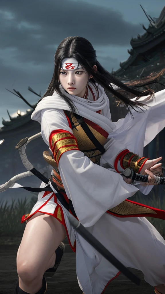 "Create a highly realistic image of a female warrior resembling Kyoukai from the manga series Kingdom. She should have a slender yet athletic build, wearing traditional Chinese armor with intricate details. Her expression is calm and focused, with a mysterious aura. She has long, flowing black hair and is holding a sword in a defensive stance. The background should depict a forest or battlefield with a dramatic sky."