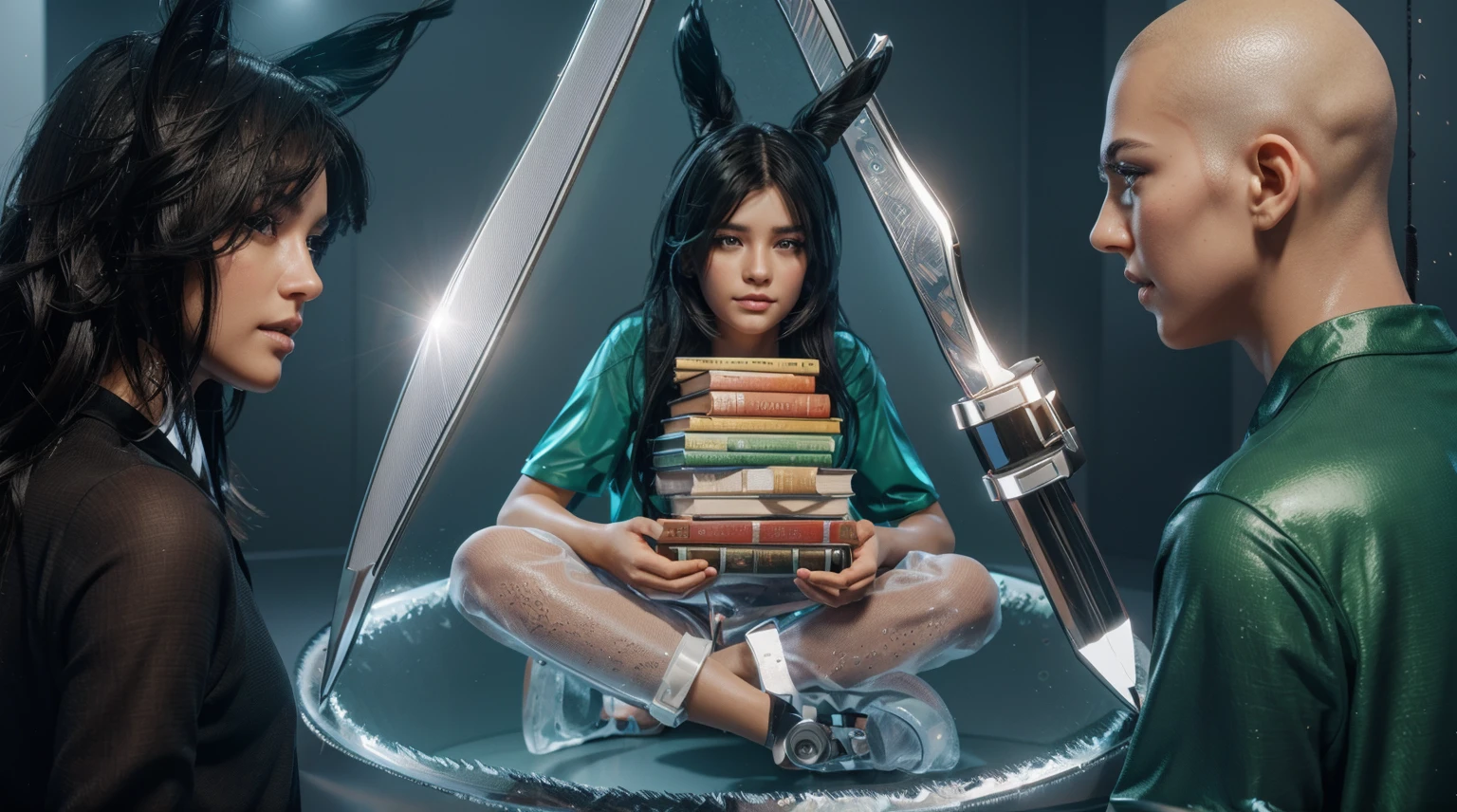 The image depicts a young girl with black hair, wearing a green shirt and holding a stack of books, surrounded by pens and pencils. She appears to be in deep thought, smooth 3d model, glossy plastic texture, multiple light sources, rim light, sharp post effects render, most beautiful vfx, , realistic, 4k, high resolution, rim light, smooth 3d model. ,  glossy texture, smooth 3d model, multiple light sources, rim light, sharp post effects render, (glossy plastic texture with multiple big light probe refractions), perfect cgi,   reflective, best quality, 4k, masterpiece:1.2, ultra-detailed, realistic, vivid colors, The image of the highest quality, ensuring every detail showcased perfectly. It in 4k resolution, allowing viewers to immerse themselves in the richness of the colors and intricate details. The realistic rendering. under the spotlight, reflecting, high-resolution image, realistic rendering