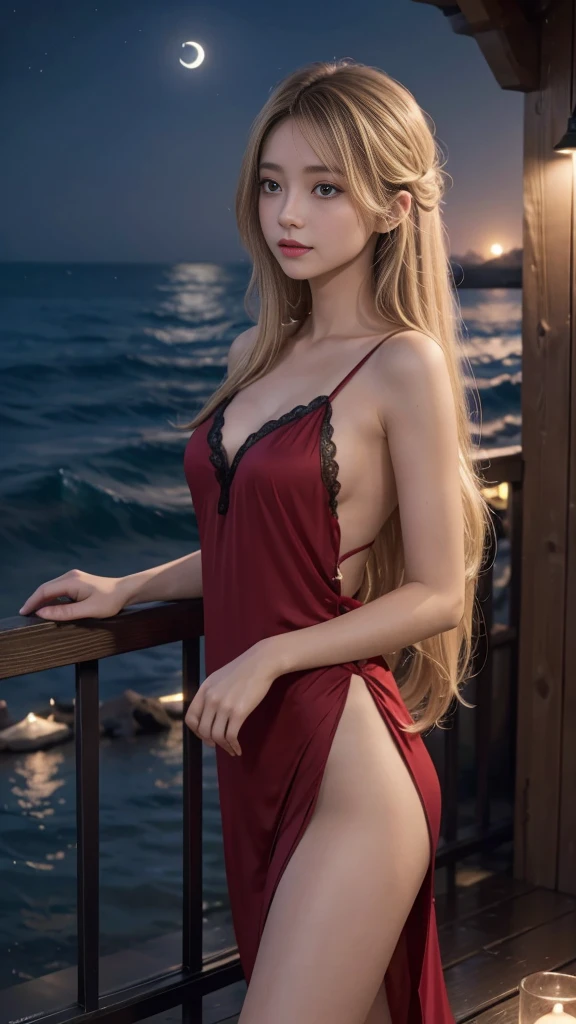 full hd 8k, Girl standing in front of a dark night scene, full moonlight reflecting on her beautiful face. Her long, silky hair was gently blown by the night wind, creating a gentle and romantic feeling. She is walking on a large beach. She looked up at the starry sky, as if searching for something, her eyes showing a pensive and lonely look. The full moon shines in the night sky creating a beautiful scene. The girl has long, strands of hair,  Light blonde hair, a luxurious and noble beauty. The moonlight shines on the girl's delicate face, highlighting her large, round light brown eyes, creating a natural, gentle beauty. She wore a mini red nightgown to create a sexy beauty. These images capture detailed panoramic portraits and views of the sky and sea. All create a beautiful, wonderful picture that makes people unable to take their eyes off the scene. All of these details are depicted clearly and sharply,