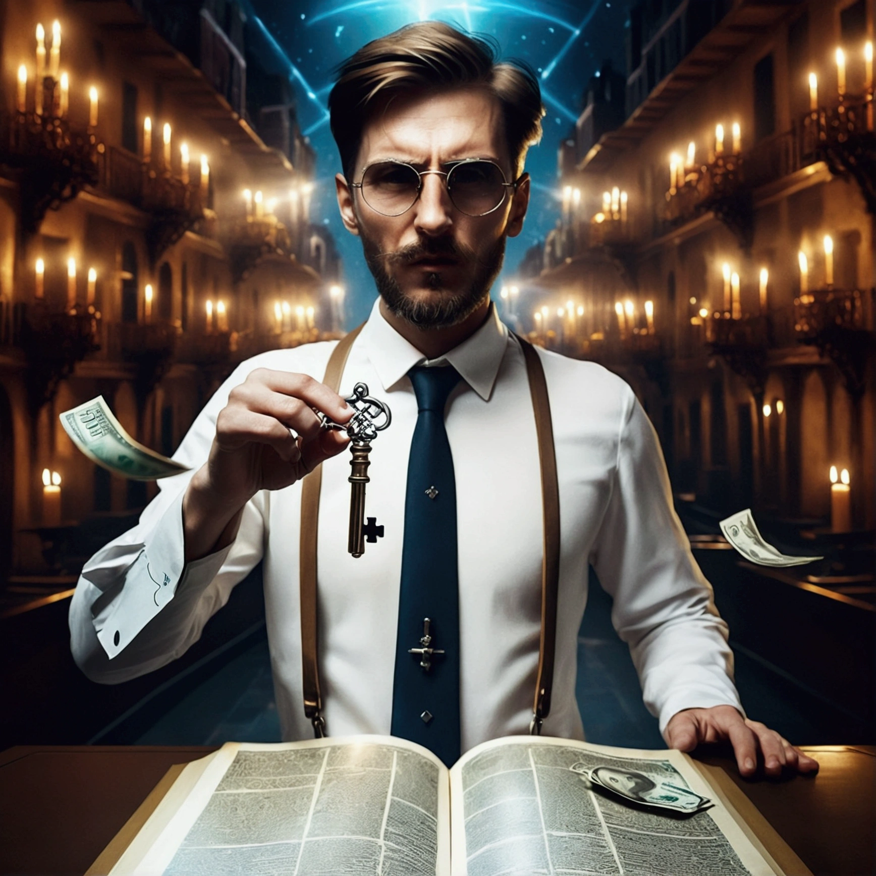 art bra, best qualityer:1.4),(absurderes, A high resolution, ultra detaild:1.2), (1 men:1.4),(using dark magie:1.4), short beard, shorth hair, magie,Playful illustration, imaginative overlays, artistic fusion,fantastic scenes, evocative narratives, impressive visual effects, trunk, open hand, magic key with mysterious light , money flying in the background