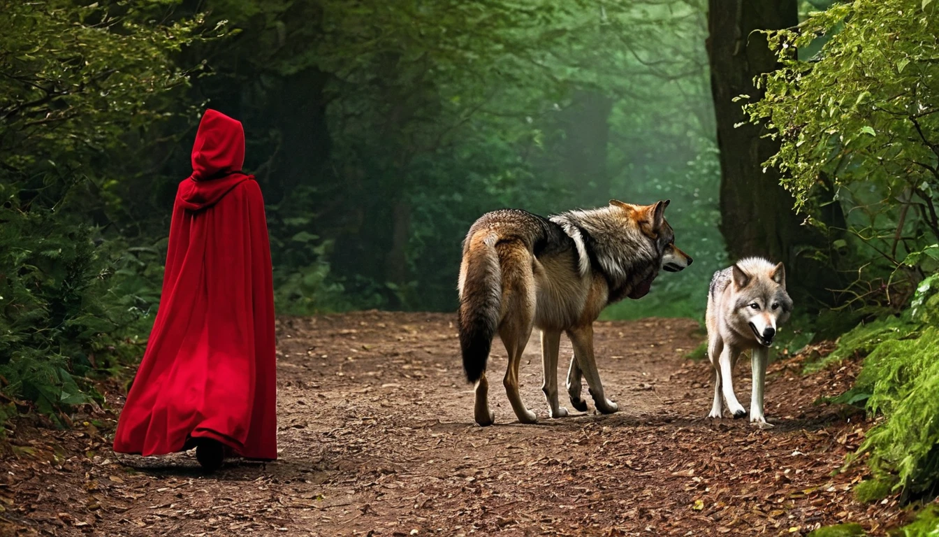 Red riding hood walking away from the wolf with the huntsman