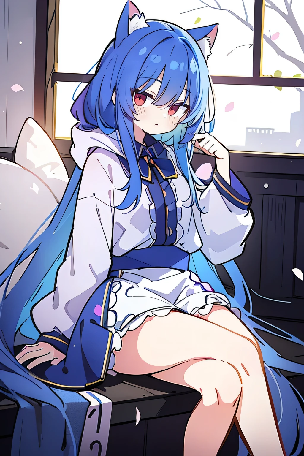 (masterpiece:1.2),Super detailed,lifelike,Expressive eyes,fair skin,perfect face shape,1 girl,
Japanese comics,Gorgeous blue hair,flowing blue hair,flowing clothes,Cat ears,Petals fall,beautiful lola,Baby Angel,
Shaking head with one hand,Cross your legs,Gentle and peaceful background,The pavilion is cool and comfortable,smile, wearing hoodie, In front of the window,snowing,Clear sky,Witch costume。