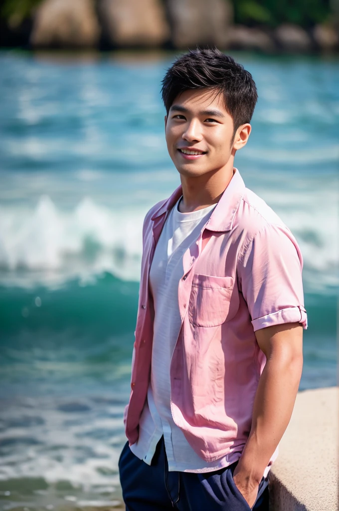((Highest quality, 8K, Masterpiece: 1.3))、Thailand Laos Burma Asia, Thai man, A handsome Asian rugby player with short hair, a muscular beard, and big muscles., 1A man who has、 yo、Good appearance、Beautiful nose、smile、 Detailed eyes and face、beautiful light、(studio)、high resolution、(Look at the viewer.)、Fine mouth、smile、whole body: 1.5, perfect shape: 1.3, looking at camera ,Pink button-up shirt, bedroom sunlight looking at the sea