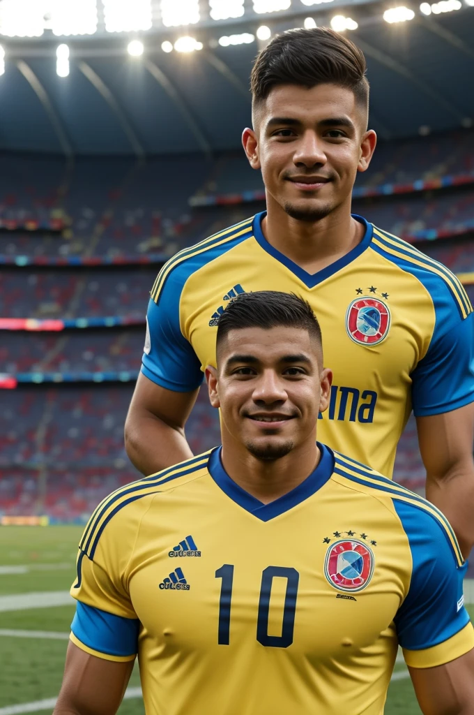 Disney man with the Colombia t-shirt, on the shirt the name LUIS and the number 10 on the back, in a football stadium in the background