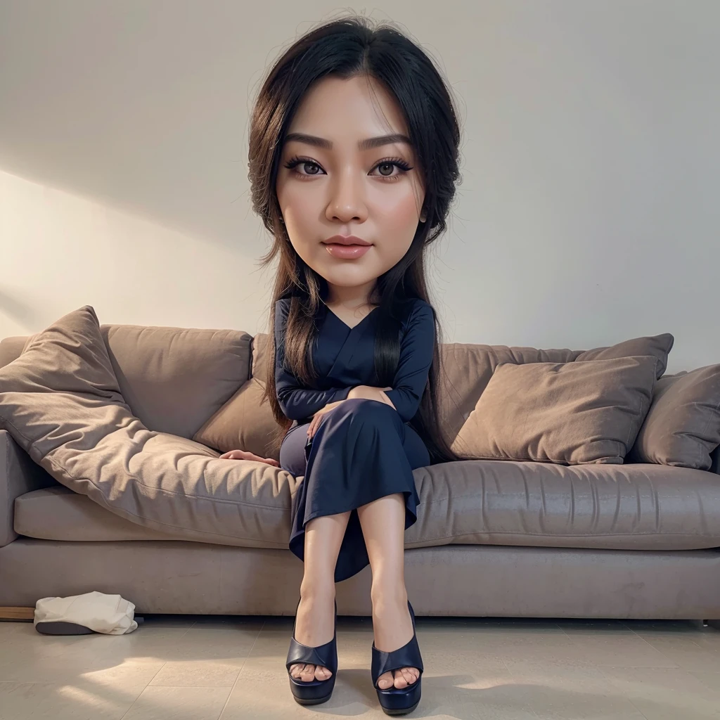 Caricature of a Thai woman with long hair, Wear a navy blue dress., high-heels, Sitting on a luxury sofa, gray background, Ultra HD, 8K, realistic