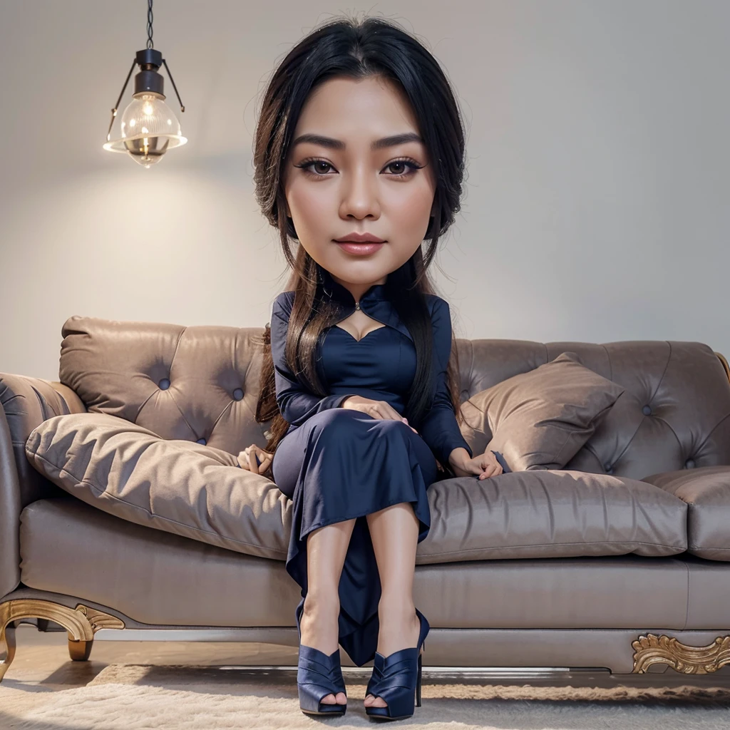 Caricature of a Thai woman with long hair, Wear a navy blue dress., high-heels, Sitting on a luxury sofa, gray background, Ultra HD, 8K, realistic