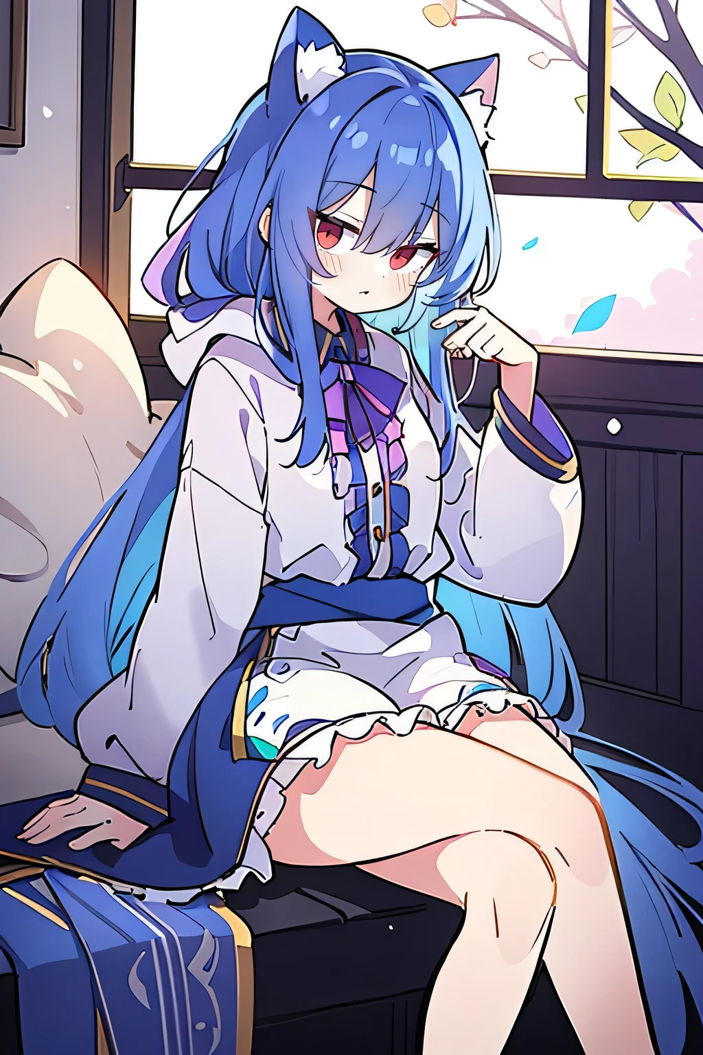 (masterpiece:1.2),Super detailed,lifelike,Expressive eyes,fair skin,perfect face shape,1 girl,
Japanese comics,Gorgeous blue hair,flowing blue hair,flowing clothes,Cat ears,Petals fall,beautiful lola,Baby Angel,
Shaking head with one hand,Cross your legs,Gentle and peaceful background,The pavilion is cool and comfortable,smile, wearing hoodie, In front of the window,snowing,Clear sky,Witch costume。