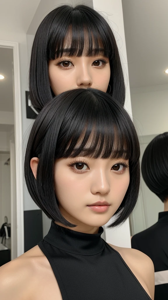 ,,,,,uma de uma mulher ela tem cabelo preto with bangs, Hime black haircut, ulzzang, korean, with short hair with bangs, with short hair, dilraba dilmurat, garota gótica korean cruel, white hime cut hairstyle, hair styled like bangs, with bangs, korean symmetrical face,,,,,,,,,,,photo of gbr's face, smiling, Photorealisitic, Hyperrealisitic, hyperdetailed, analog style, skin detailed, matte skin, soft lighting, realisitic, work of art, best qualityer, ultra realisitic, 8K, golden ratio, intricate, high détail, Film photography, softfocus, skin detailed texture, (blush:0.5), (shiver:0.5), underground dispersal,