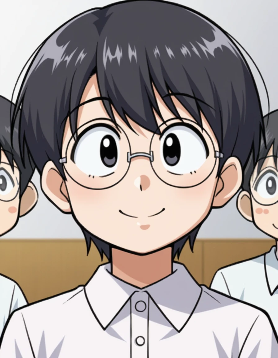 score_9, score_8, One personの男の子,Adult, Round face,Wear glasses,short hair,Put your hair up,a bit太り気味,Black Hair, Black eyes, White polo shirt,a bit横向き, View your audience, smile, Upper Body, a bit、50s、One person